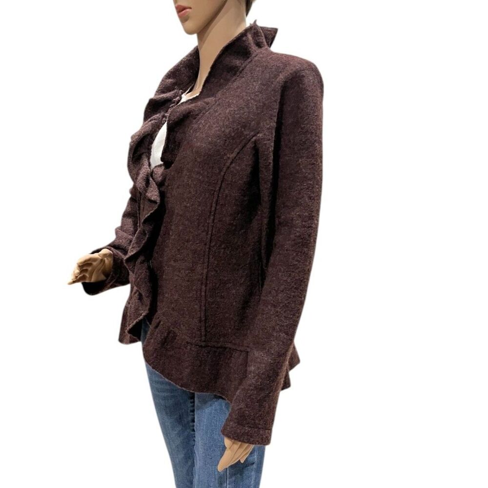 CYNTHIA ROWLEY 100% Wool Ruffle Felted Floral Design Cardigan Jacket Brown Sz M - Picture 4 of 8
